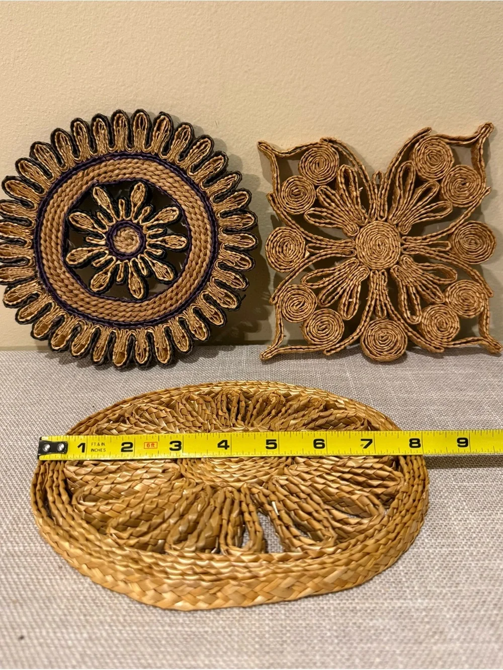 Vintage Woven Straw Rattan Trivets Lot Wall Decor Set of 3 Floral Boho